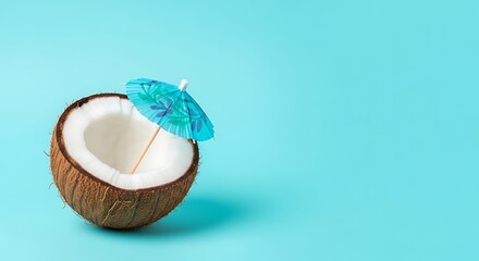 Tropical beach concept made of coconut fruit and sun umbrella. Creative minimal summer idea.