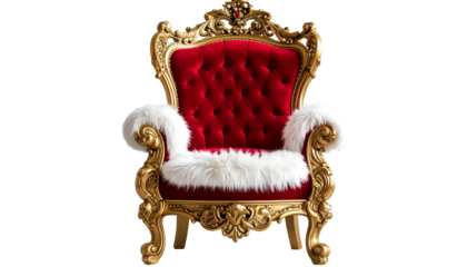 Regal, ornate golden chair with rich red velvet tufting and white faux fur trim