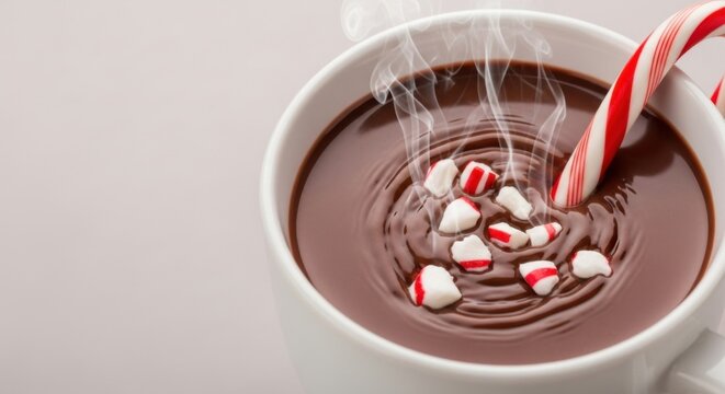 Cozy christmas eve hot chocolate with candy canes and marshmallows for holiday celebration