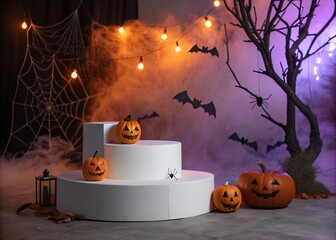 Spooky halloween scene with pumpkins and atmospheric lighting