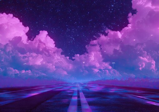 Rendered night scene runway, sky filled with clouds, and stars in tones of violet and blue