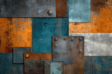 Abstract composition of overlapping weathered metal plates in various hues and textures