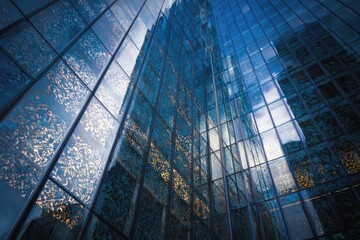 Architectural shot of a mirrored skyscraper, reflecting sky & adjacent building