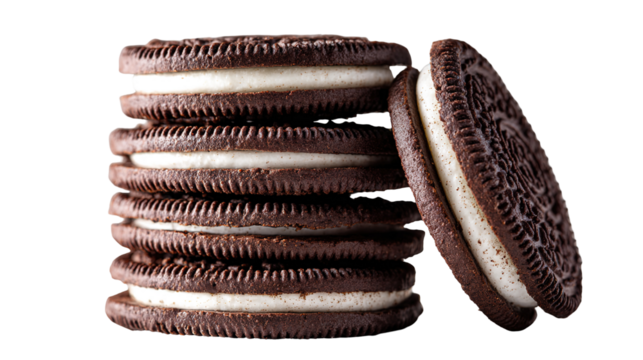 Floating oreo cookies with crumbs on a black background in a studio shot with bright lighting setup