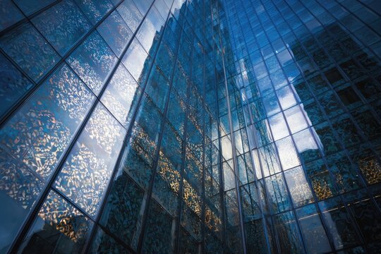 Architectural shot of a mirrored skyscraper, reflecting sky & adjacent building - Powered by Adobe