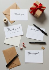 Christmas thank you cards and gift wrap arrangement for holiday greetings and gift giving