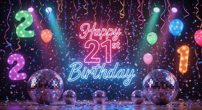 Elegant Pink and Gold Happy 21st Birthday Neon Celebration Poster