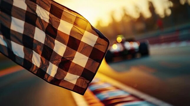 Checkered Flag Waving at Sunset with Blurred Race Car Approaching Finish Line, High Speed Motorsport Competition, Victory and Championship Concept