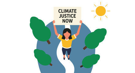 Girl holding sign at climate rally in nature with sun shining  