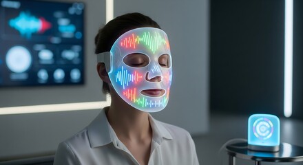 Woman wearing a light therapy mask with colorful leds for skincare treatment in a modern setting