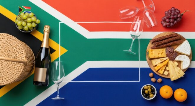 Day of goodwill celebration with south african flag, wine, cheese platter, and fruit display