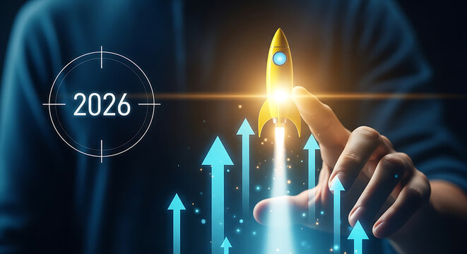 Person touching a yellow rocket launching upward with light trails and blue arrows below it towards a target showing 2026