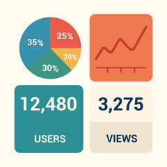 Modern analytics dashboard icon with pie chart, line graph, and user statistics in retro color style — ideal for data visualization, business infographic, or UI design element.
