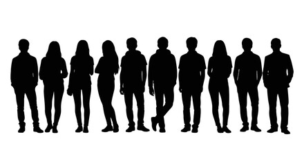 A row of black silhouettes depicting a group of people standing together