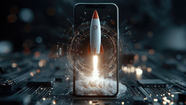 A rocket blasting off from a smartphone screen, set against a background of digital circuits - Powered by Adobe