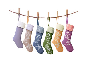 Colorful christmas stockings hanging on rope for festive holiday decor on transparent background
