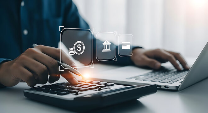 Person using a calculator and laptop with currency, bank, and credit card digital icons, analyzing finances and managing banking online.