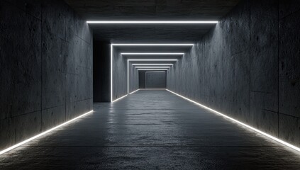 Obraz premium Dark, futuristic concrete tunnel illuminated by white lines