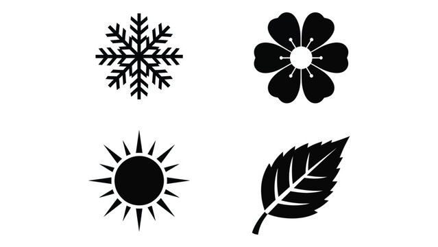Four seasons icons snowflake flower sun leaf symbols representing winter spring summer autumn silhouette
