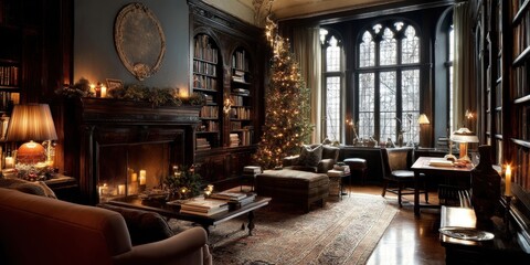 Old money Christmas decor concept. Cozy, elegant library with a fireplace and festive decorations.