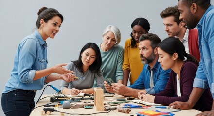 Collaborative innovation workshop celebrating day of goodwill, teamwork in technology design and development