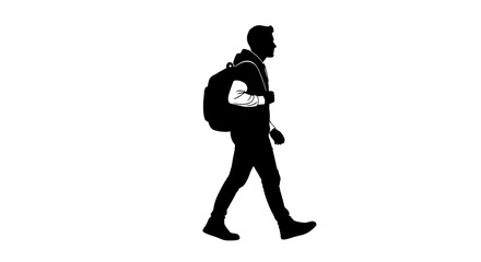 Silhouette of a walking man with a backpack in profile view
