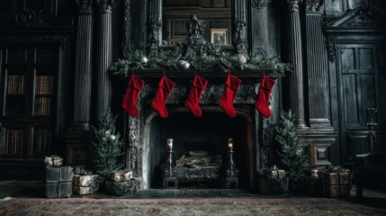 Old money Christmas decor concept. Festive fireplace adorned with stockings and holiday decor.