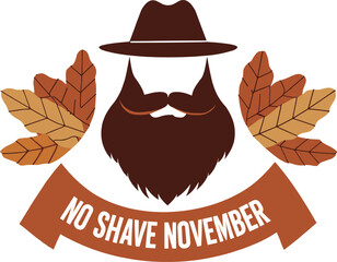 No shave november emblem with beard hat and autumn leaves