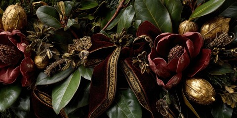 Old money Christmas decor concept. Rich foliage with striking flowers and textures.