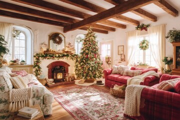 Old money Christmas decor concept. Cozy holiday living room with a decorated Christmas tree.