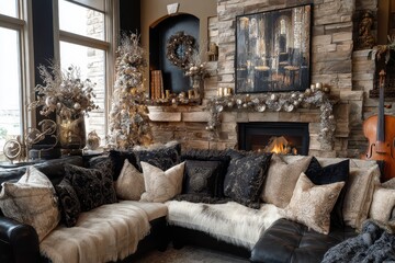 Old money Christmas decor concept. Cozy living room with decorative pillows and stone fireplace.