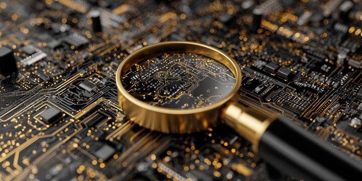 Close-up of a golden magnifying glass over a complex circuit board (1)