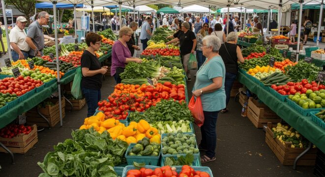 Vibrant farmers market gathering with fresh produce display for day of goodwill celebration