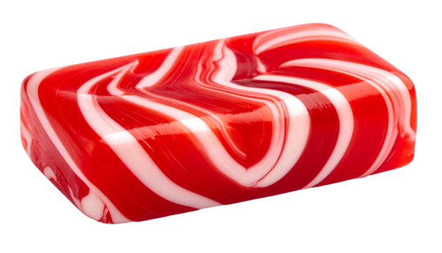 A single, red and white swirled candy, with a transparent, polished surface