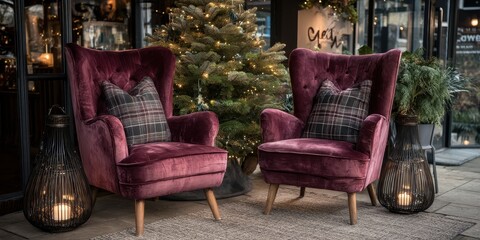 Old money Christmas decor concept. Cozy chairs beside a festive tree in a stylish setting.