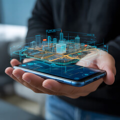Futuristic holographic city map projected from smartphone offers innovative urban planning insights and real-time data visualization for smart cities