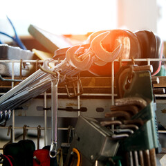 Metal work tools in auto repair shop.