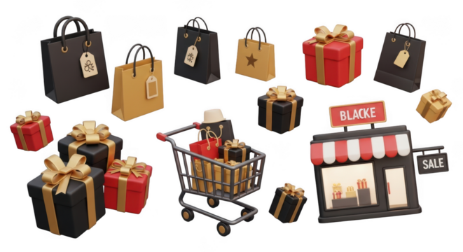 Abundant gift boxes shopping cart and storefront celebrate festive shopping season and sales