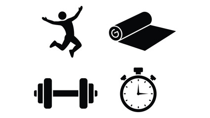 Set of four fitness icons representing health and exercise activities silhouette