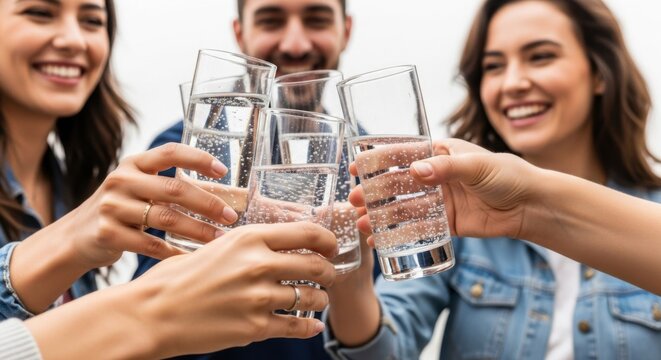 Festivus celebration with friends toasting glasses of sparkling water for seasonal gathering and social event imagery