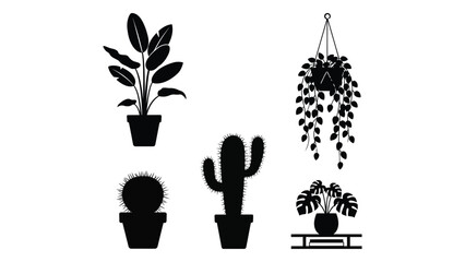 Collection of silhouette potted plants and cacti ideal for home decor silhouette