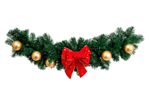 Festive christmas garland with red bow and gold ornaments for holiday decoration on transparent background