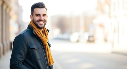 Portrait of a handsome man with a big smile wearing a scarf and jacket in a city street with a blurred background and a happy expression