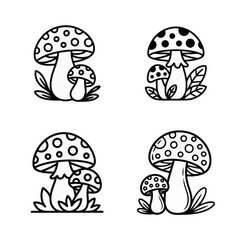 Naklejka premium Black and white illustrations of various mushroom designs, showcasing detailed patterns, suitable for icon usage and design elements