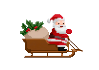 Retro pixel art santa on sleigh with christmas gifts for holiday design on transparent background