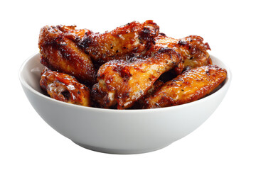 Bowl of glossy glazed chicken wings with black pepper seasoning food appetizer, Isolated On Transparent Background, Png Cut Out