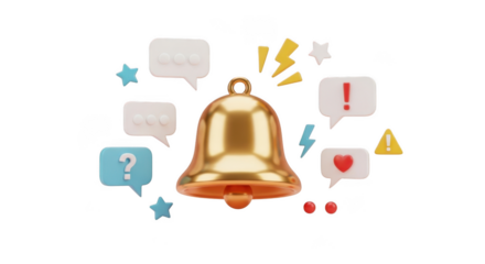 Golden notification bell surrounded by communication bubbles and festive elements
