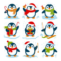 Festive Penguin Collection Playful Winter Holiday Characters in Christmas Hats, Scarves, and Accessories, Fun Vector Illustrations