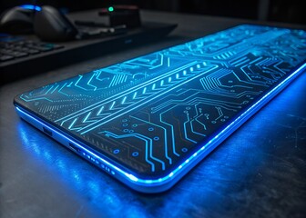Futuristic glowing blue circuit board pattern on a smartphone