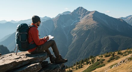 Adventurer journaling in majestic mountain landscape for international mountain day celebration